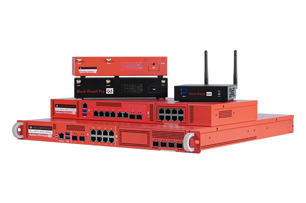 Securepoint UTM-Firewalls: rote Rackmount-Sicherheitsappliances und Black Dwarf Geräte der G5-Serie
